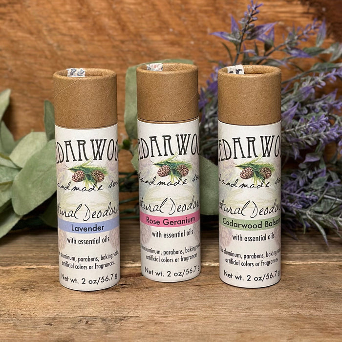 Three kraft paper tubes of handmade all-natural deodorant