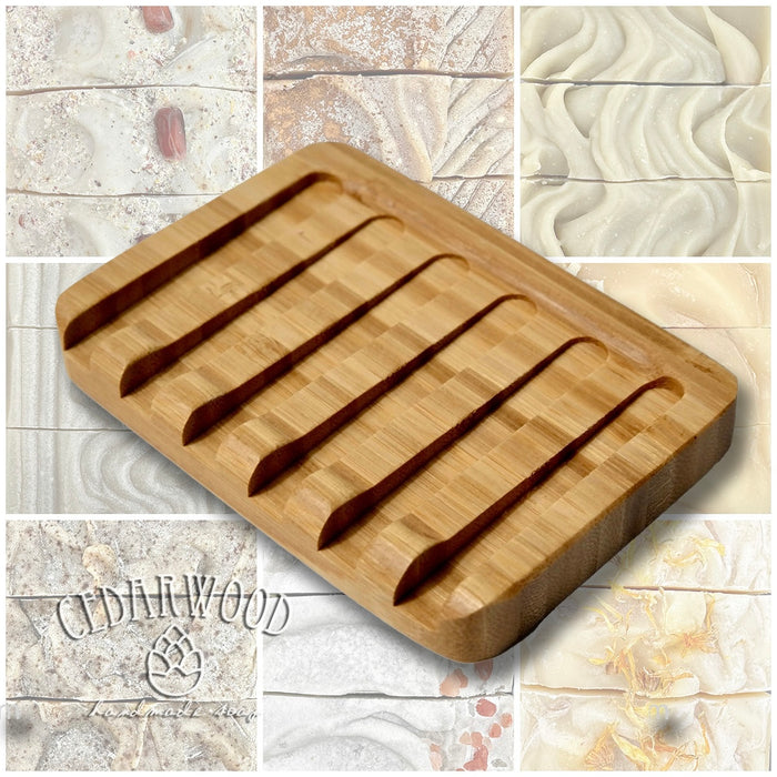 A collage of bamboo soap dishes showing the texture and grain of the bamboo, the dish itself, and the brand name 'Cedarwood Soap' displayed.