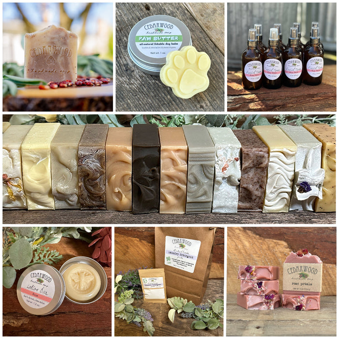 various images of Cedarwood Soap products