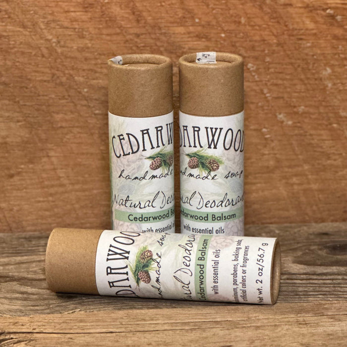 Three kraft paperboard tubes of cedarwood balsam deodorant