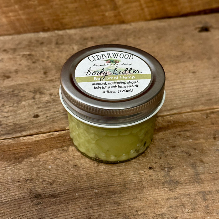 Glass jar of Bergamot Hemp body butter