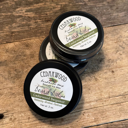 Three aluminum tins of Cedarwood Bergamot handmade beard balm