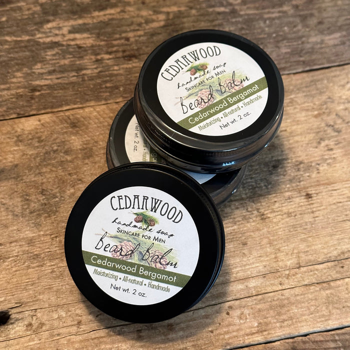Three aluminum tins of Cedarwood Bergamot handmade beard balm