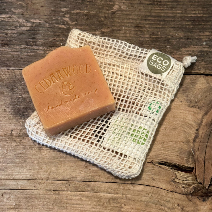 Natural Cotton soap bag with soap bar on top