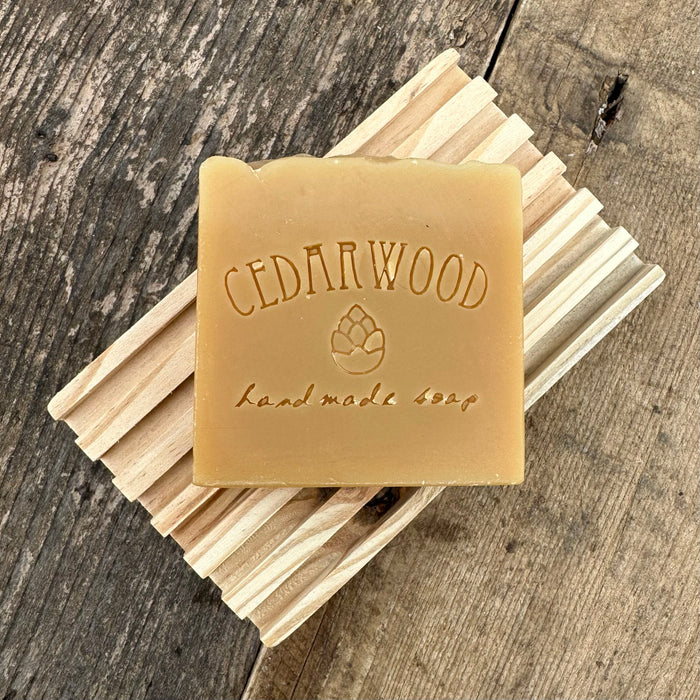 English Cedar handmade soap on wood soap dish