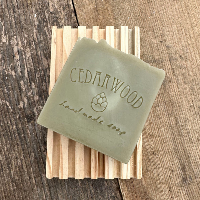 Eucalyptus Spearmint handmade soap bar on wood soap dish 