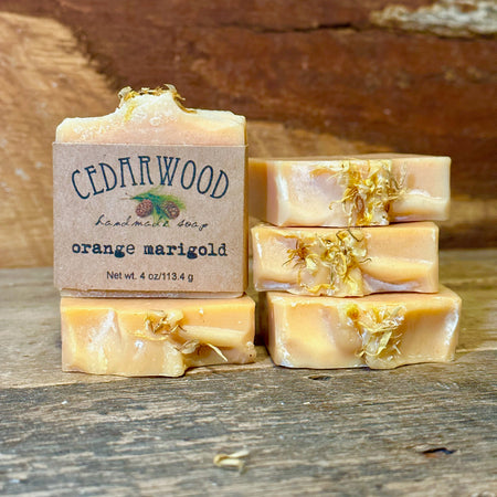 Five bars of handmade orange marigold handmade soap