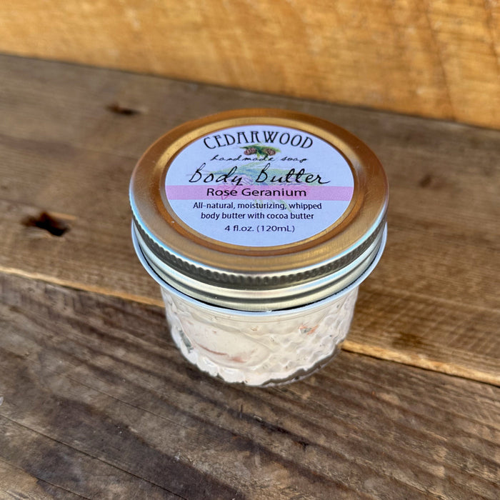 Rose Geranium whipped body butter in glass jar