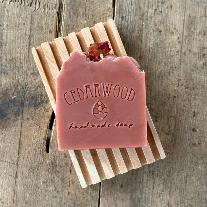 Rose Petals handmade bar soap on wood soap dish